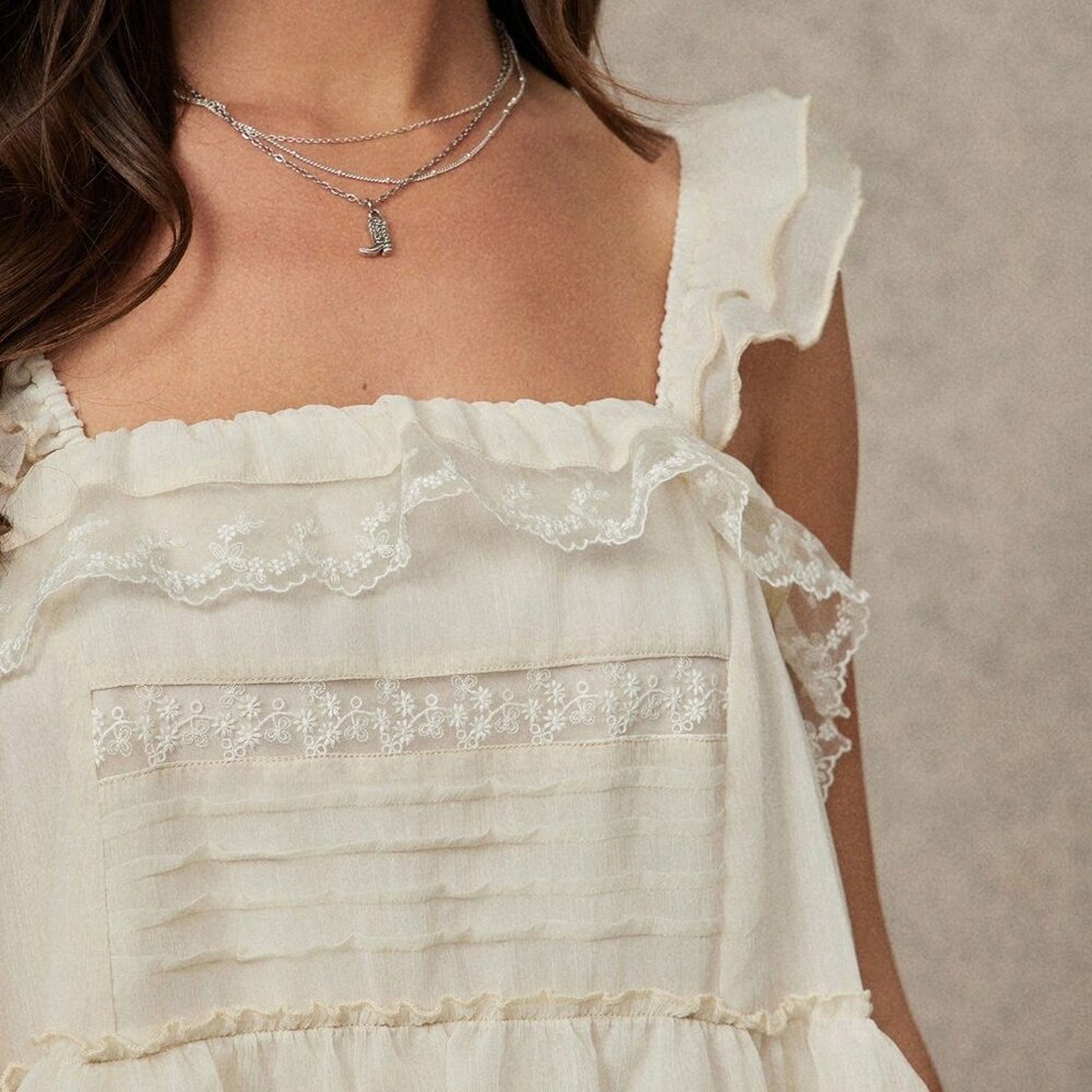 Apricot Boho Women's Square Neck Chiffon Floral Lace Tiered Mini Dress - Picture 5 of 5